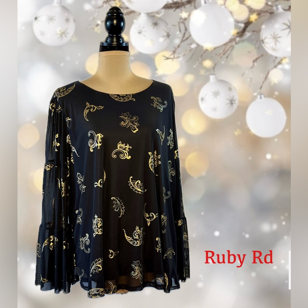 Ruby Rd. Black Top with metallic Gold Accents and tiered sleeves, 1X